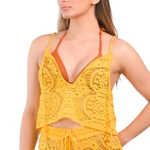 SUNSHINE 79 ❤️‍🔥 YELLOW CROCHET COVER UP CROP TOP NWT SIZE SMALL